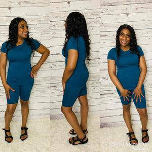 Teal Biker Shorts Set